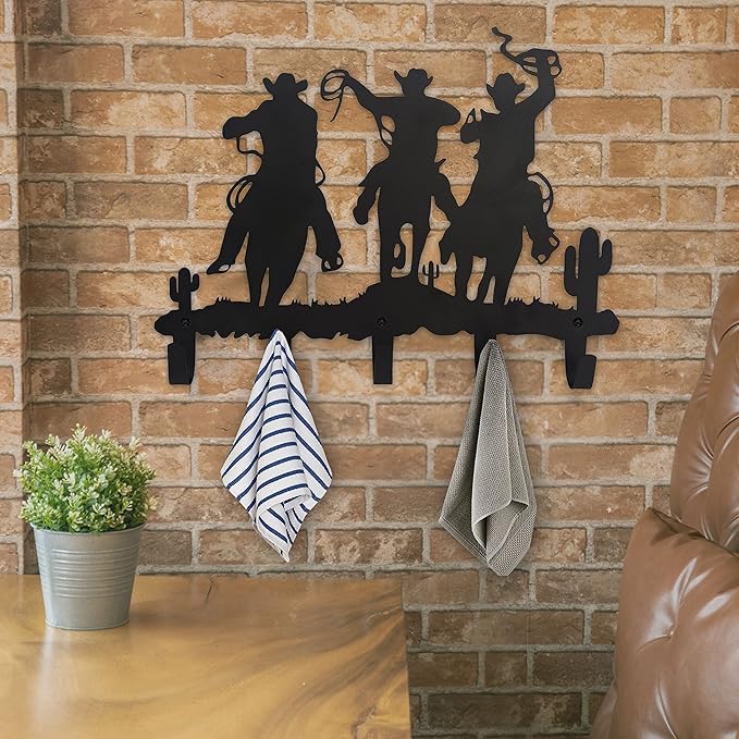 Western Cowboy Coat Hooks Wall Art Decor-Cowboy Hangers and Key Hooks Holder-Clothes Hat Rack and Backpack Hanger-Sweet Home Decor for Storage, Living Room, Hallway, Office (Black)