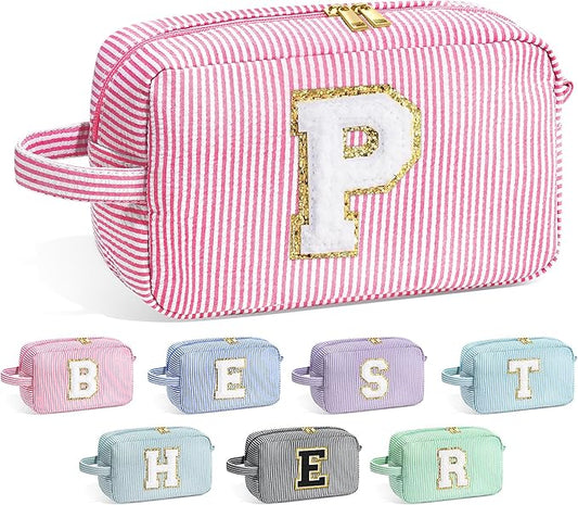 YOOLIFE Initial Cosmetic Bag - Monogram Cute Pink Makeup Bags Toiletry Pouch Make Up Case for Her Best Friend Friendship Sister Teacher, Personalized Birthday Gifts