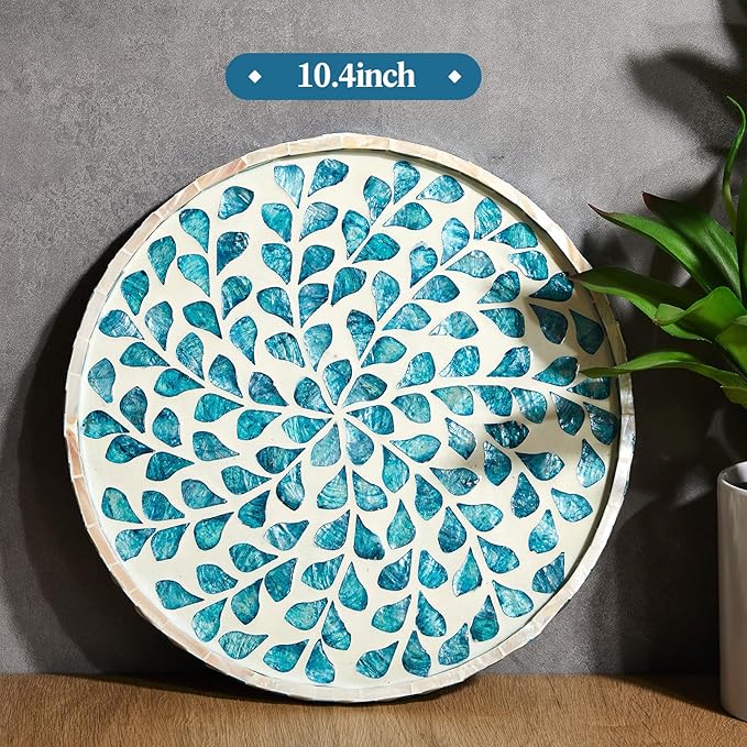 Chunful Mother of Pearl Round Serving Tray 10 Inch Wood Coffee Table Tray for Tea Breakfast Kitchen Cabinet(Teal Floral Style)