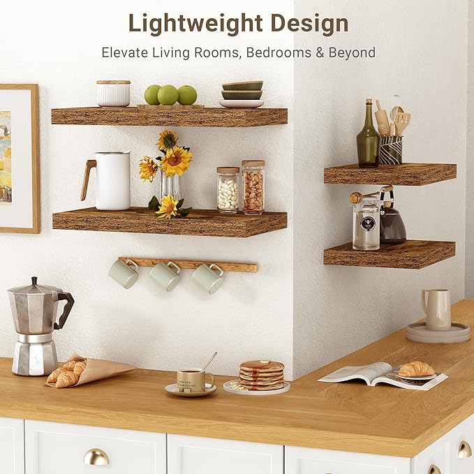 Vivelove 10 Inch Deep Floating Shelves 24 Inch Long, 24 x 10 Wide Wall Shelves with Invisible Brackets, for Bedroom Bathroom Living Room Kitchen Office, Farmhouse Home Decor, Set of 2, Rustic Brown