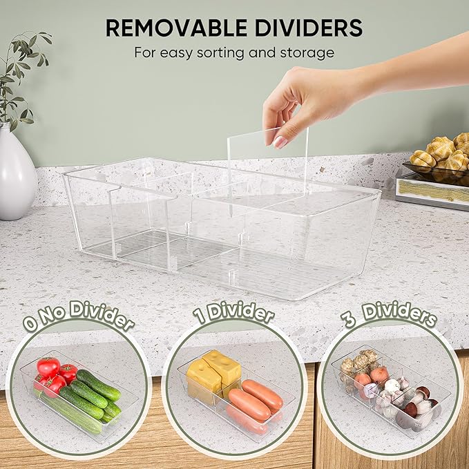 BALEINE Clear Plastic Storage Bins with 3 Removable Dividers, Pantry Organization, BPA Free Stackable Refrigerator Organizers and Storage for Kitchen Fridge Cabinet Bathroom (10.5x6.1x3.5, 6PK)