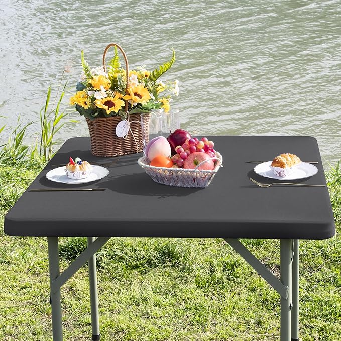 Square Fitted Table Cover Elastic Tablecloth Stretch Spandex Table Top Cover Table Topper Cap for Dining Kitchen Home Party Grey 34X34 Inch
