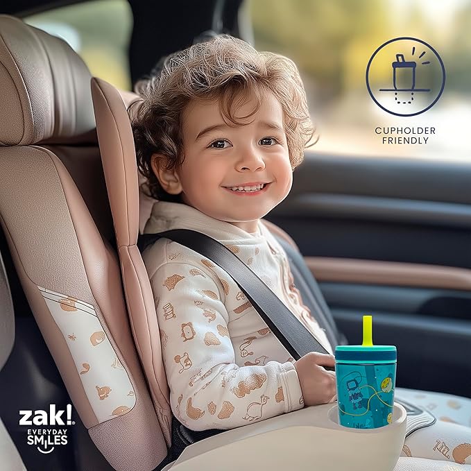 Zak Designs St. Jude Kelso Toddler Tumblers For Travel or At Home, 15oz 2-Pack Durable Plastic Sippy Cups With Leak-Proof Design is Perfect For Kids (Space and Smiles)