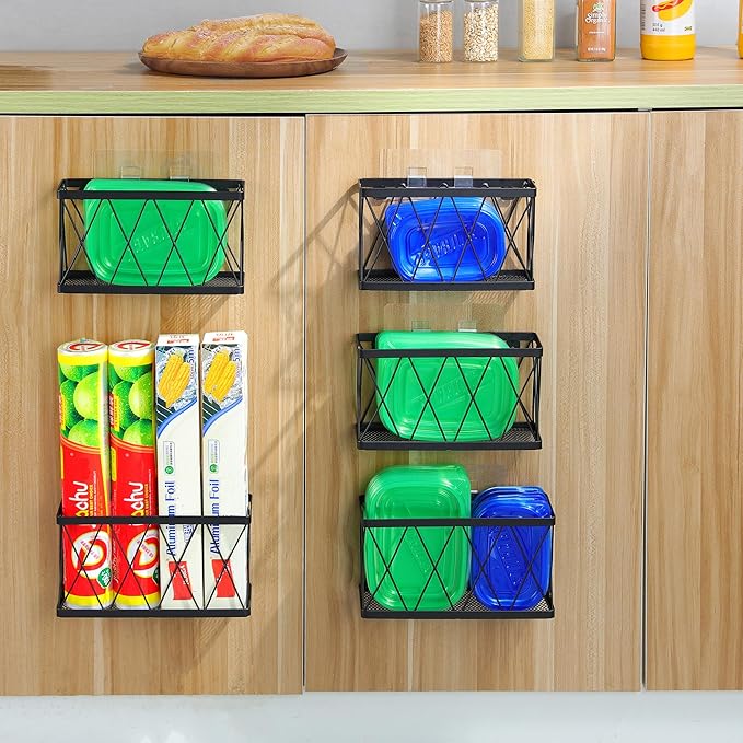 YIGII 6 Pack Cabinet Door Organizer, Wall Mounted Lid Organizer for Tupperware Kitchen RV Pantry Cabinet Storage and Organization, Heavy Duty Adhesive Wall Baskets Lid Holder Slim Stainless, Black