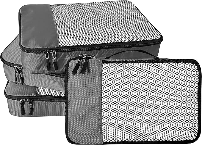 4-Piece Packing Cubes Travel Accessories Set for Suitcases - Luggage Organizer Bags with Double Zipper - Mesh Top - Large - Dark Grey