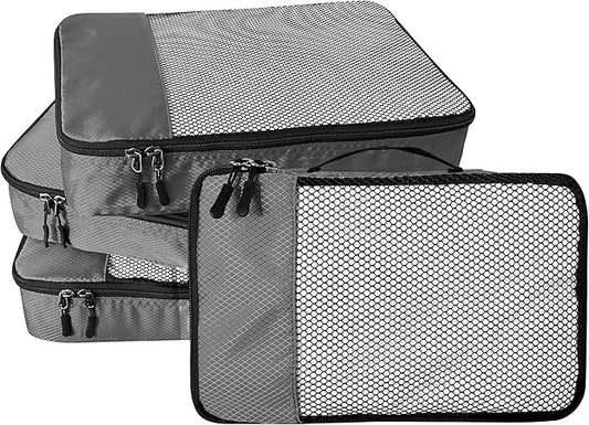 4-Piece Packing Cubes Travel Accessories Set for Suitcases - Luggage Organizer Bags with Double Zipper - Mesh Top - Large - Dark Grey