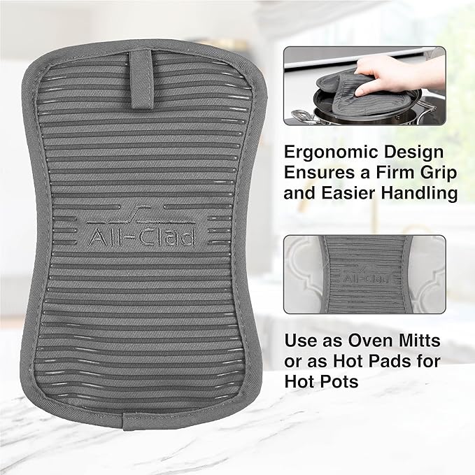All-Clad Premium Pot Holder & Heating Pad, (2-Pack) Heat Resistant to 500 Degrees, 100% Cotton 10"x6.25" for Kitchen and Barbecue, Pewter