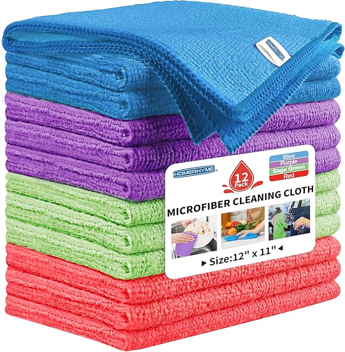 HOMERHYME Microfiber Cleaning Cloth, 12 Pack Cleaning Rags, 12" X 11" Lint Free Dish Towels Wash Cloths, Reusable Microfiber Towels for Home and Kitchen Bathroom Apartment Cleaning Supplies, Assorted