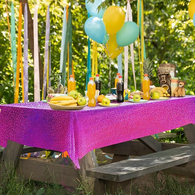 Purple & Fuchsia Red Holographic Tablecloth 40" x 108" Hot Pink Party Decoration Valentine's Day Birthday Party Table Decor Iridescence Plastic Table Cloth for Halloween Bachelorette Supplies