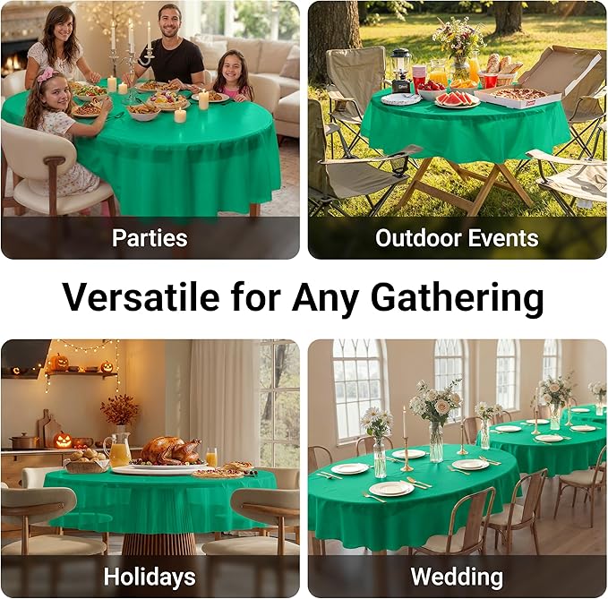 Auros Premium Plastic Tablecloths 10 Pack, 84'' Round Disposable Table Covers, Thick & Durable, Waterproof & Spill-Proof, Easy Cleanup for Parties, Wedding, Picnic, Kelly Green