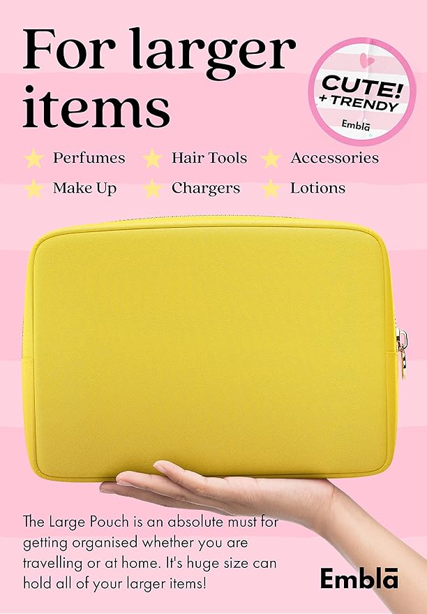 Embla Makeup Bag Travel Cosmetics Pouch and Toiletry Bag, Nylon Zipper Pouch Purse, Cute Make Up Organizer Storage Tote for Women Girls, Waterproof Travel Skincare Case, Large Makeup Bags, Lemon