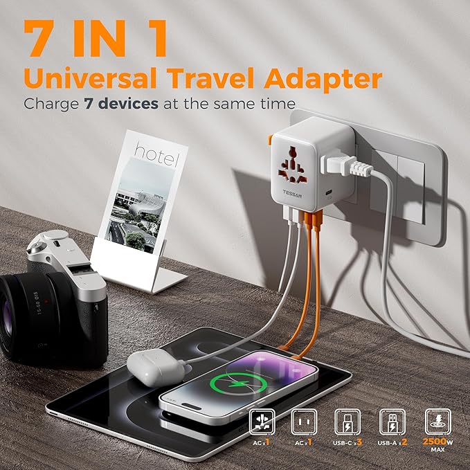 TESSAN Universal Travel Adapter, International Power Adapter with Extra 2-Prong AC Outlet, 5 USB Ports (3 USB C), 28W Worldwide Plug Adapter for US to Europe UK Australia Ireland (Type C G A I)