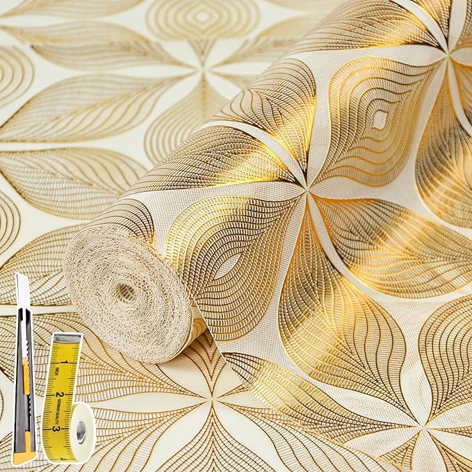 Drawer and Shelf Liner for Kitchen Cabinet,Non-Adhesive Waterproof Drawer Liner for Dresser & Bathroom Vanities with Adhesive Dots & Cutting Tool(24 in X 30 Ft Gold Leaf Pattern)