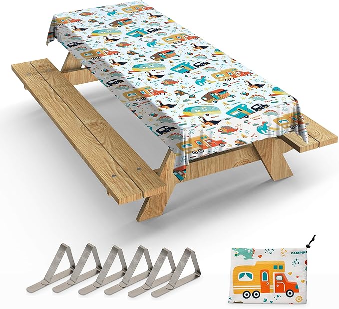 Extra Thick Camping Tablecloth with Clips & Storage Bag, Picnic Tablecloth, Fits 4ft to 8ft Picnic Tables, Polyester, Washable & Reusable, Spill & Stain Resistant, Waterproof,Picnic Table