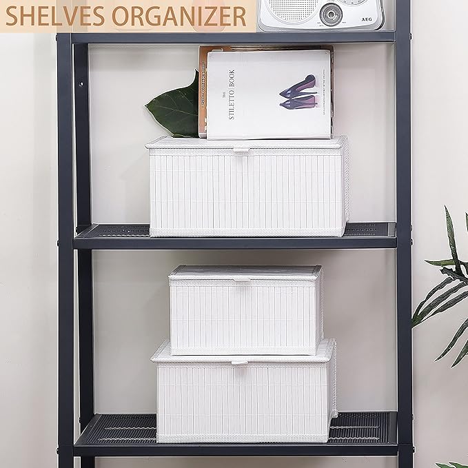 Honygebia Bamboo Decorative Storage Boxes - Set of 3 Woven Lined Storage Baskets with Lids, White Wicker Lidded Baskets for Home Kitchen Shelf Organizer Decor