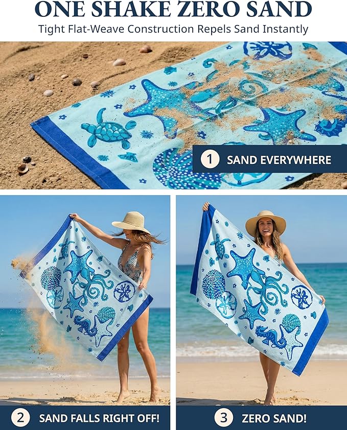 LANE LINEN 2-Pack Oversized Beach Towels, 39"x71" – Quick-Dry, Sandproof & Absorbent – Lightweight Travel Essentials for Pool or Shore – Starfish Serenade