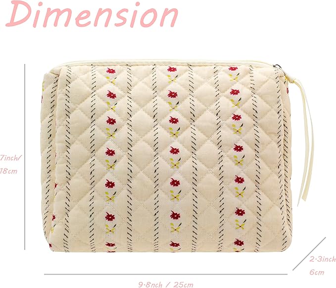 PAZIMIIK Quilted Makeup Bag Large Travel Zipper Soft Cosmetic Pouch for Women Girls Make Up, Little Flower Beige