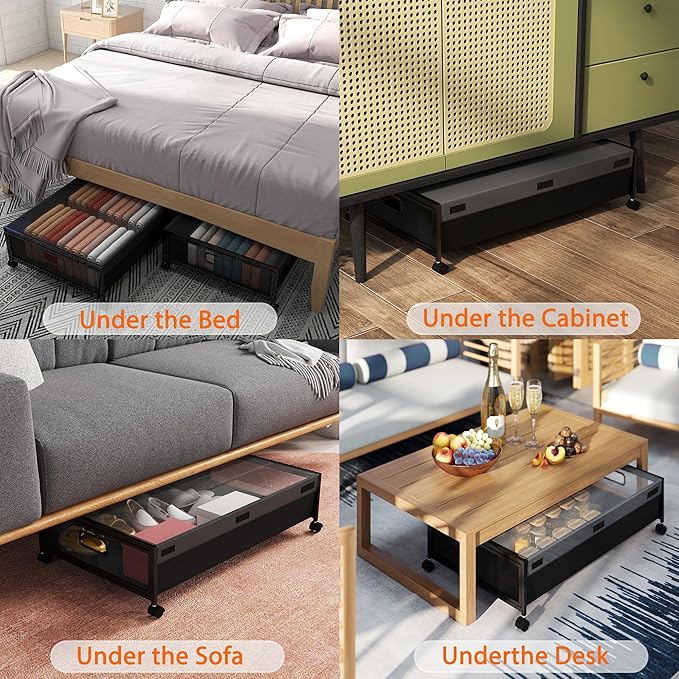 QUELIEN Under Bed Storage with Wheels – Large Rolling Underbed Storage Containers and Drawers, Shoe Organizer Box for Clothes, Toys, Blankets (Black, 1 Pack)