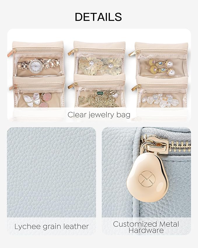 Vlando Travel Jewelry Case,Travel Jewelry Organize with 6 Velvet Jewelry Zipper Pockets,Premium Petal Hardware Jewelry Case for Birthday Wedding Graduation Gifts-Baby Blue