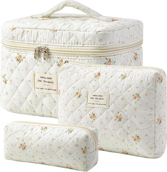 HBselect Quilted Makeup Bag, 3PCS Cotton Large Travel Makeup Bag, Cute Floral Coquette Make up Bag Cosmetic Bag Toiletry Bag for Women Girls