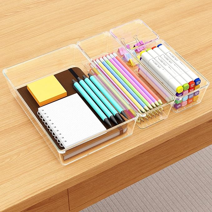 15 Piece Clear Plastic Drawer Organizers Set - 4 Sizes Bathroom & Dresser Storage Bins, Stackable Kitchen Desk Organizer Trays for Makeup, Jewelry, Utensils, Junk, Gadgets