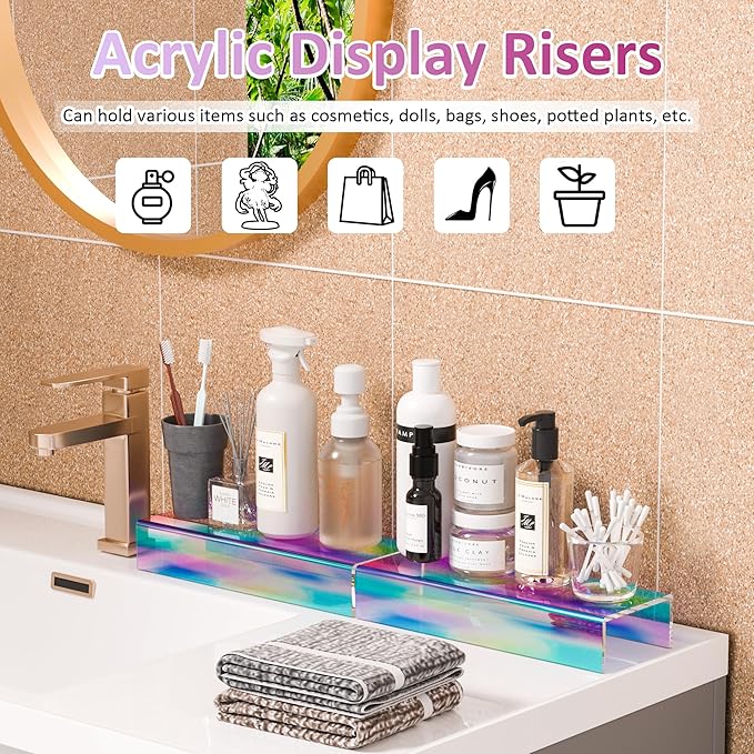 Acrylic Shelf Riser 12x4.3x2 pack of 2, Iridescent Display Shelf 12” for Shoes, Glasses, Plants, Home Decors, Perfume, 12x4.3x2 Inch