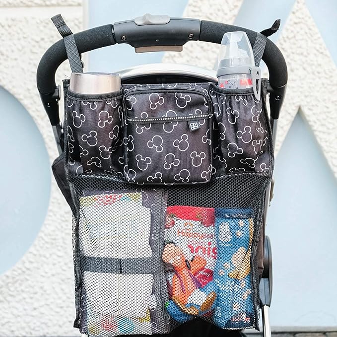 Disney Baby by J.L. Childress Cups 'N Cargo Stroller Caddy Organizer with Cup Holder - Stroller Accessories Bag, Travel Essential, Mesh Storage Attachment, Universal Fit - Mickey Mouse, Black