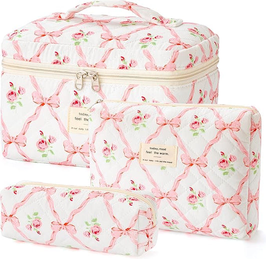 HBselect Quilted Makeup Bag, 3PCS Cotton Large Travel Makeup Bag, Cute Floral Coquette Make up Bag Cosmetic Bag Toiletry Bag for Women Girls