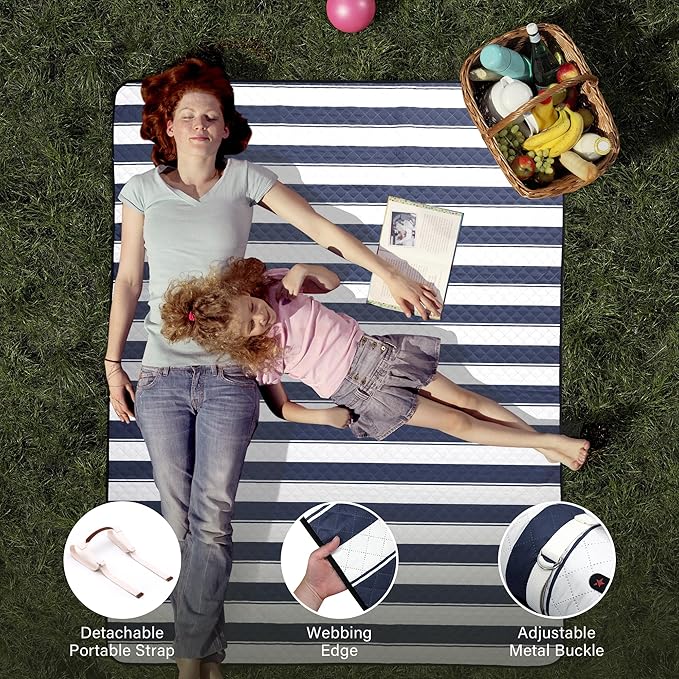 HX&OD Outdoor Picnic Blanket Extra Large, 80”x60” Waterproof Picnic Mat Foldable Camping Blanket Portable with Carry Strap for Beach Mat (Blue)