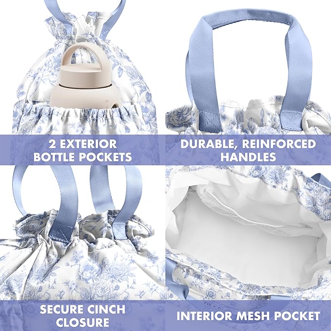 Fit & Fresh Cromwell Drawstring Lunch Bag for Women, Complete Lunch Set with 2 Containers, Stain-Resistant, Leak-Resistant, Back to School Essential, Teacher Lunchbox, Cornflower Floral Toile