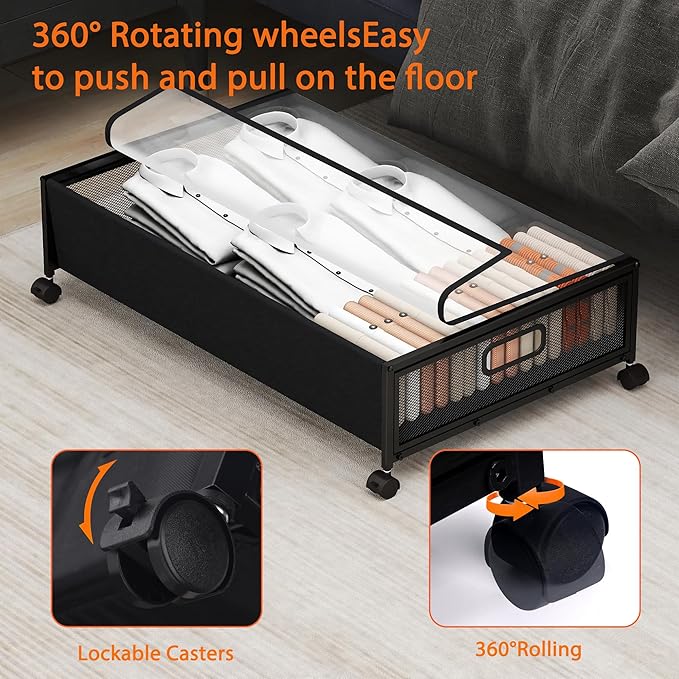 QUELIEN Under Bed Storage with Wheels – Large Rolling Underbed Storage Containers and Drawers, Shoe Organizer Box for Clothes, Toys, Blankets (Black, 1 Pack)