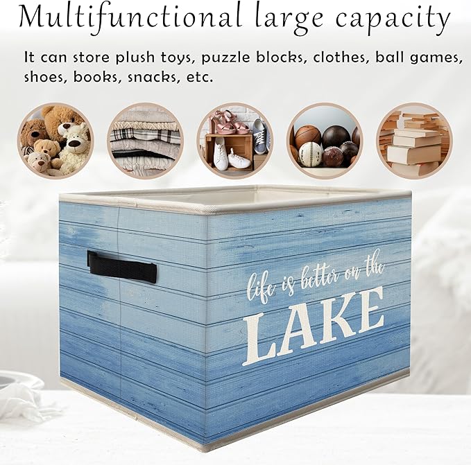 Lake House Storage Bins Box with Handles, Life Is Better On the Lake Collapsible Fabric Storage Basket Box Organizer for Bedroom Bathroom Clothes Toys Books