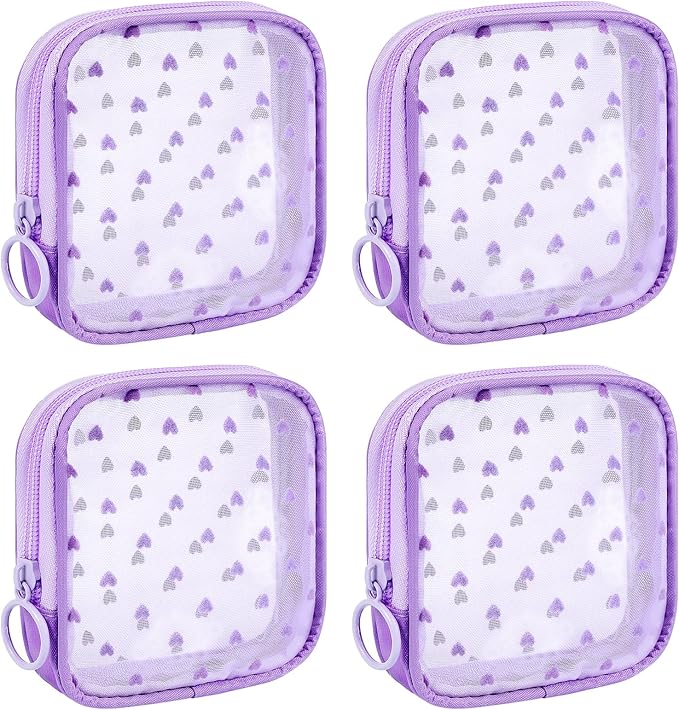 4 Pieces Mini Zipper Nylon Mesh Pouch, Mesh Cosmetic Bags Makeup Bags, Multipurpose Travel Toiletry Bags for Office Supplies and Travel Accessories (Heart Print-Purple, S)