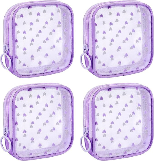 4 Pieces Mini Zipper Nylon Mesh Pouch, Mesh Cosmetic Bags Makeup Bags, Multipurpose Travel Toiletry Bags for Office Supplies and Travel Accessories (Heart Print-Purple, S)