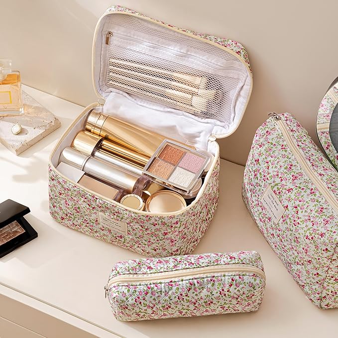 HBselect Quilted Makeup Bag, 3PCS Cotton Large Travel Makeup Bag, Cute Floral Coquette Make up Bag Cosmetic Bag Toiletry Bag for Women Girls