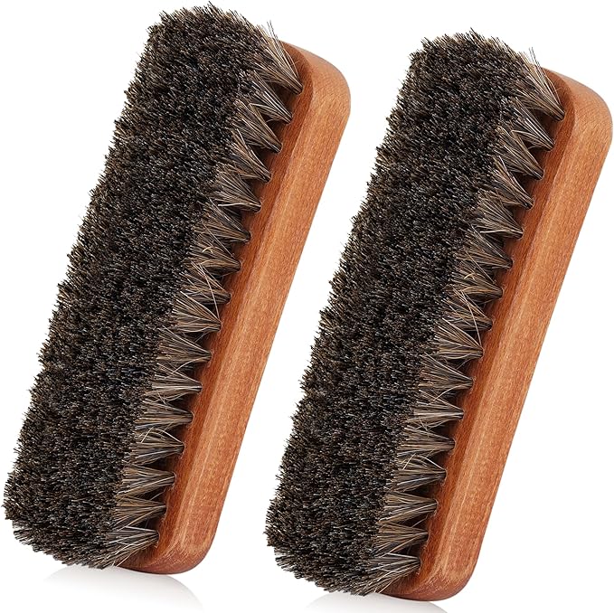 6.7" Horsehair Shoe Shine Brush Set of 2-100% Soft Genuine Horse Hair Bristles - Unique Concave Design Wood Handle - Comfortable Grip, Anti Slip - for Boots, Shoes & Other Leather Care