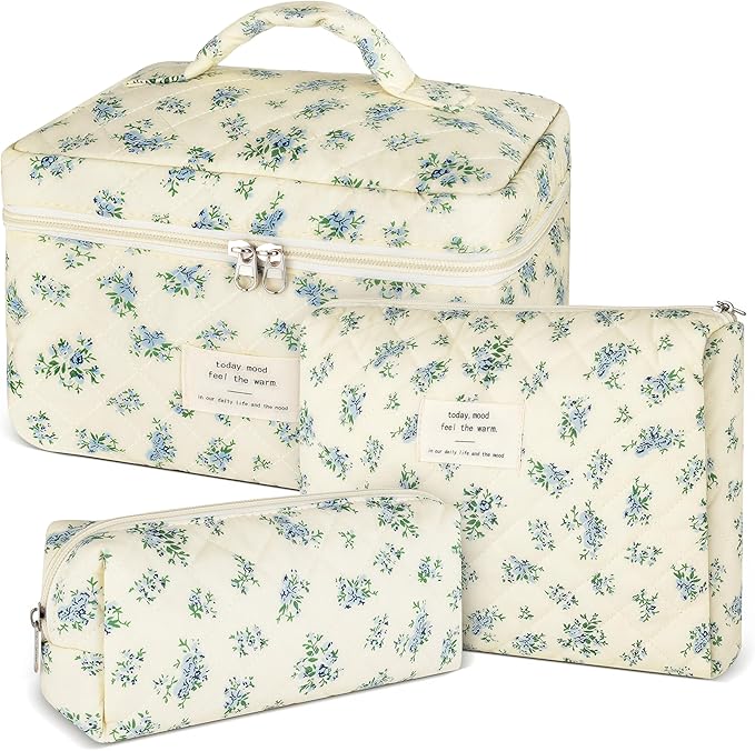 3Pcs Makeup Bag Quilted Cotton Cosmetic Bags for Women Large Small Blue Makeup Pouch Set Cute Coquette Floral Travel Bags Portable Skincare Toiletry Bag Vintage Puffy Essential Organizer