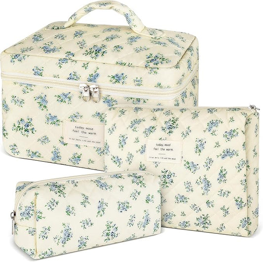 3Pcs Makeup Bag Quilted Cotton Cosmetic Bags for Women Large Small Blue Makeup Pouch Set Cute Coquette Floral Travel Bags Portable Skincare Toiletry Bag Vintage Puffy Essential Organizer