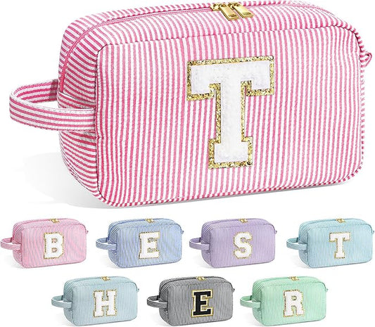 YOOLIFE Teacher Appreciation Gifts for Women - Personalized Birthday Gifts Idea for Women Teacher Best Friend Mom Bridesmaid, Large Initial Pink Makeup Bag, Cosmetic Toiletry Bag Case Make Up Pouch T