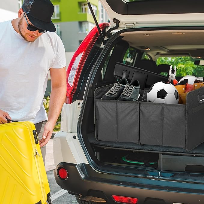 Simple Deluxe Trunk Organizer for Car/SUV/Truck, Collapsible 2 Compartment Automotive Storage Box, 600D Waterproof Oxford Polyester 50L Travel Accessories, Anti-slip & Leak-proof, Black