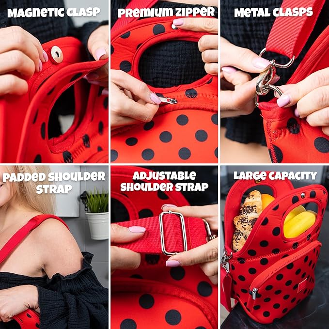 Made Easy Kit Large Insulated Lunch Tote Bag – Stylish Neoprene Carrier Foil Lining, Front Zipper Pocket & Shoulder Strap – Machine Washable, Lightweight, Travel Ready (Red Black Polka Dots)