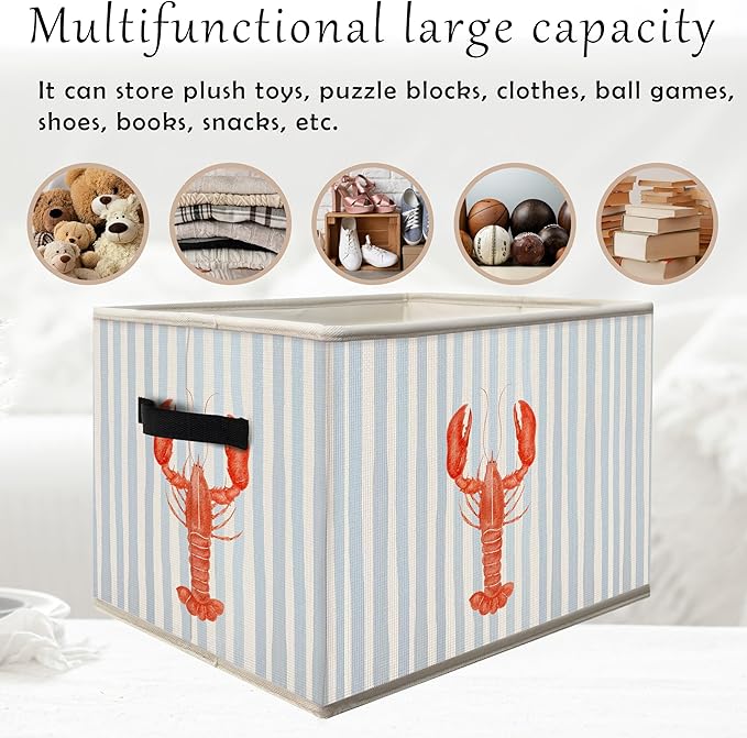 Blue Coastal Beach Lobster Storage Bins Box with Handles, Blue Striped Ocean Lobster Collapsible Fabric Storage Basket Box Organizer for Bedroom Bathroom Clothes Toys Books
