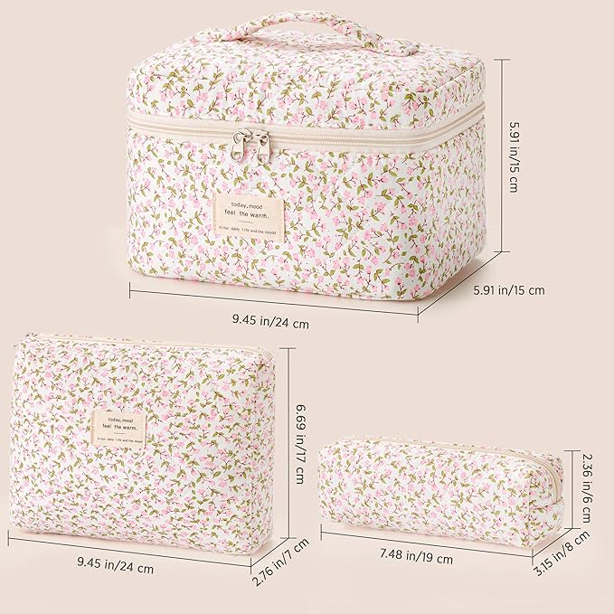 HBselect Quilted Makeup Bag, 3PCS Cotton Large Travel Makeup Bag, Cute Floral Coquette Make up Bag Cosmetic Bag Toiletry Bag for Women Girls