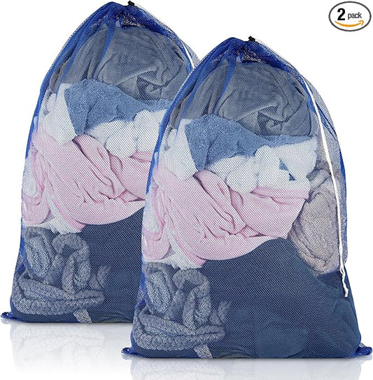 2 Pack Mesh Laundry Bags, 23 x 34 Inches Heavy Duty Mesh Laundry Bag, Large Laundry Drawstring Bag for College, Dorm, Travel, Family and Apartment Dwellers, Blue