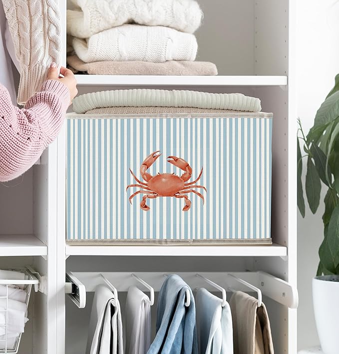 Blue Coastal Beach Crab Storage Bins Box with Handles, Blue Striped Ocean Crab Collapsible Fabric Storage Basket Box Organizer for Bedroom Bathroom Clothes Toys Books