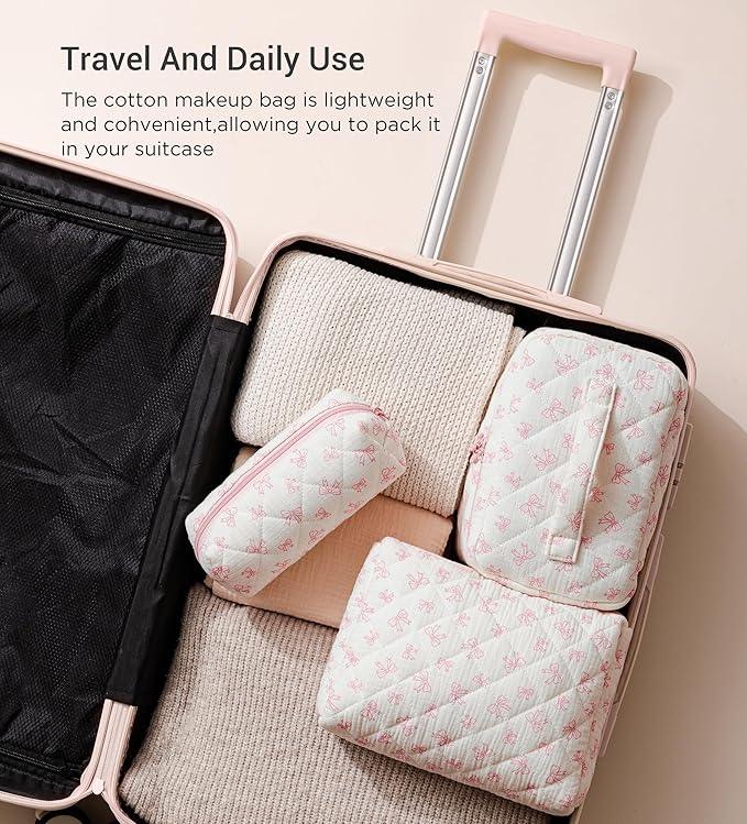 HBselect Quilted Makeup Bag, 3PCS Cotton Large Travel Makeup Bag, Cute Floral Coquette Make up Bag Cosmetic Bag Toiletry Bag for Women Girls