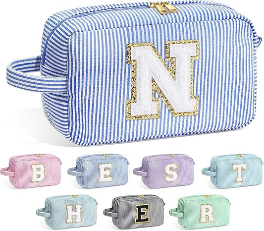 YOOLIFE Personalized Birthday Gift for Mom - Monogram Blue Initial Makeup Bag Cosmetic Bag for Women