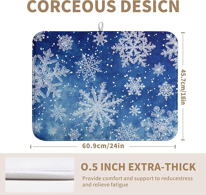Winter Blue Snowflake Dish Drying Mat for Kitchen Counter Merry Christmas Snowflakes Drying Mats Xmas Holiday Dish Draining Mat Microfiber Absorbent Dish Drainer Rack Pad 18x24 Inch
