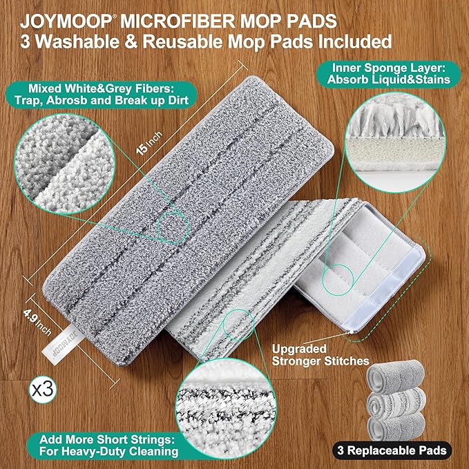 JOYMOOP Mop and Bucket Set, Commercial & Household Use Flat Mop with Bucket, Wall Cleaner with Long Handle, Microfiber Mop Bucket with 3 Reusable 15" Pads