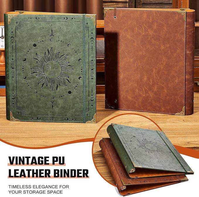 Ovesmusl PU Leather 3 Ring Binder Fits 8.5"x11" Letter Size Paper, 1.5 Inch Round Ring Binder Holds 350 Sheets, Notepad Paper Cover Loose Leaf Organizer, Green Sun
